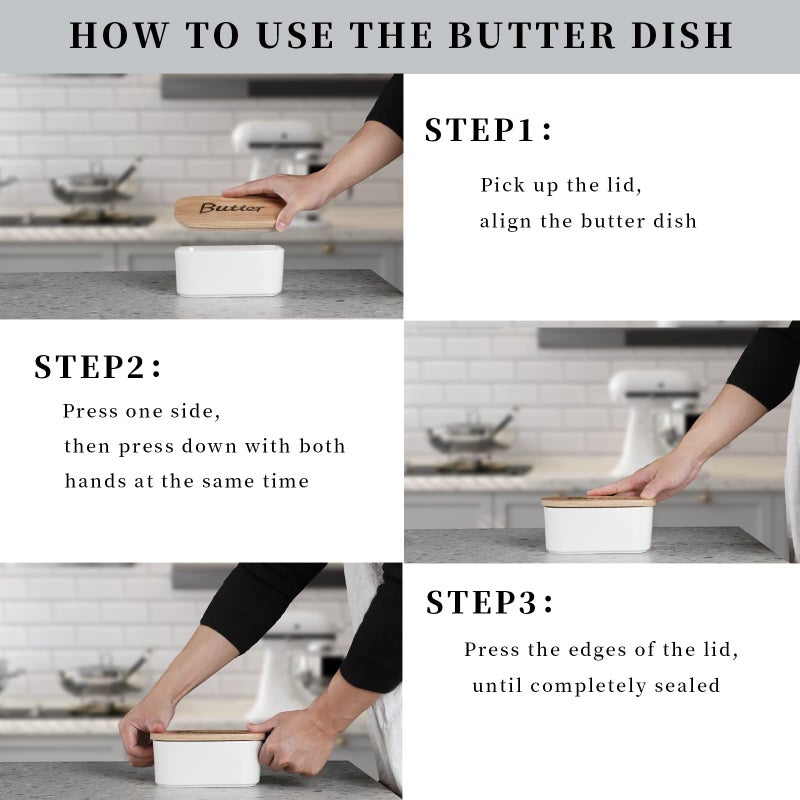 GDCZ Ceramics Butter Dish with Wooden Lid- Large Covered Butter Holder for Countertop, Butter Keeper Container Perfect for Holds 2X 4oz West/East Coast Butter, White - Image 3